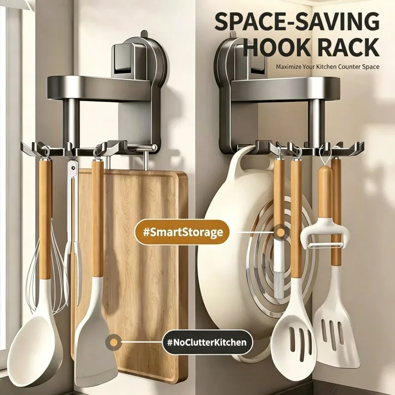 Suction Cup Rotatable Octopus Kitchen Utensil Hook Rack, Drill-Free Wall Mount Spoon Spatula Storage Hanger