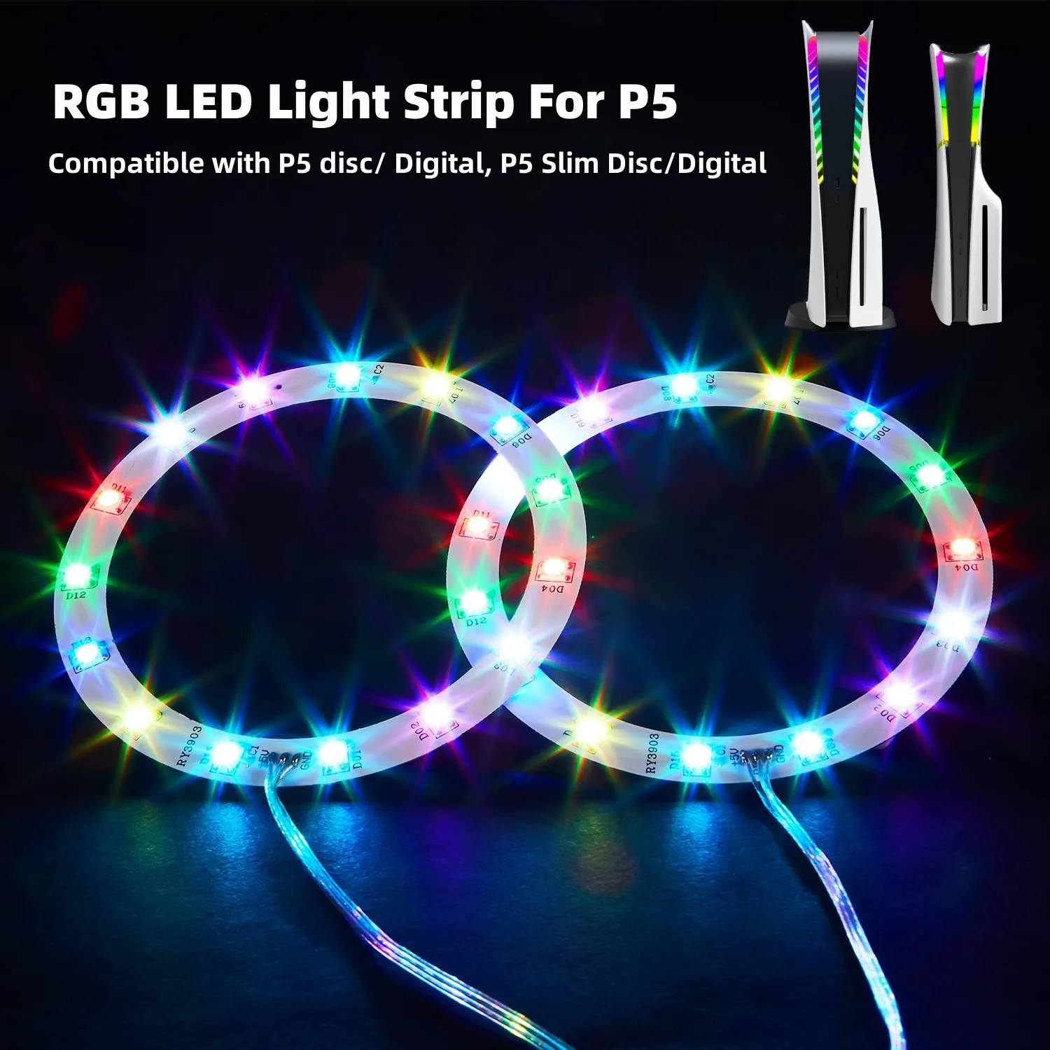 RGB LED Light Strip for PS5 /Slim/Pro Console, IR Remote/APP/USB 3 Methods, DIY Decoration Accessories Flexible Tape Light Strip