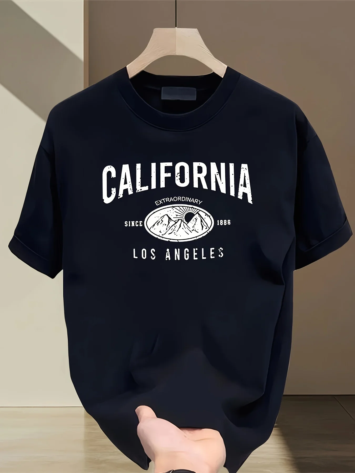 Retro Preppy Style California Los Angeles Mountain Oval Print Men's 100% Cotton T-shirt Casual Street Style Top