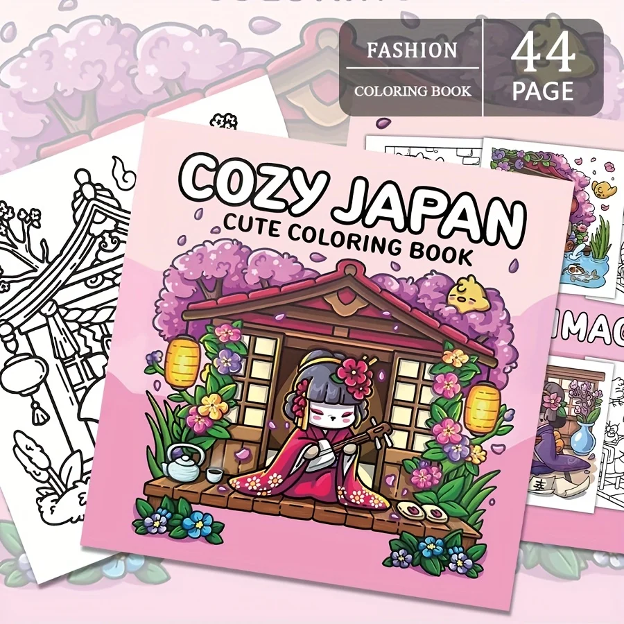 

A cozy 44-page Japanese coloring book: vibrant colors and simple art style, perfect for easy, relaxing nature coloring