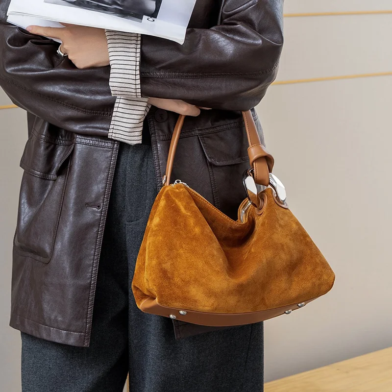 Suede Cowhide Hobo Shoulder Bag for Women Vintage Large Capacity Adjustable Strap Crossbody Leather Fall Winter New Arrival