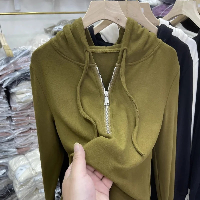 Ouhuode felpa con cappuccio calda in velluto per donna autunno e inverno nuovo senso del Design mezza cerniera interna a maniche lunghe t-shirt Top