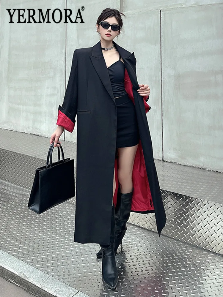 

YERMORA Women's Black Patchwork Button Brief Casual Long Blazer Lapel Loose Fit New Trench Fashion Tide Autumn Winter 2025