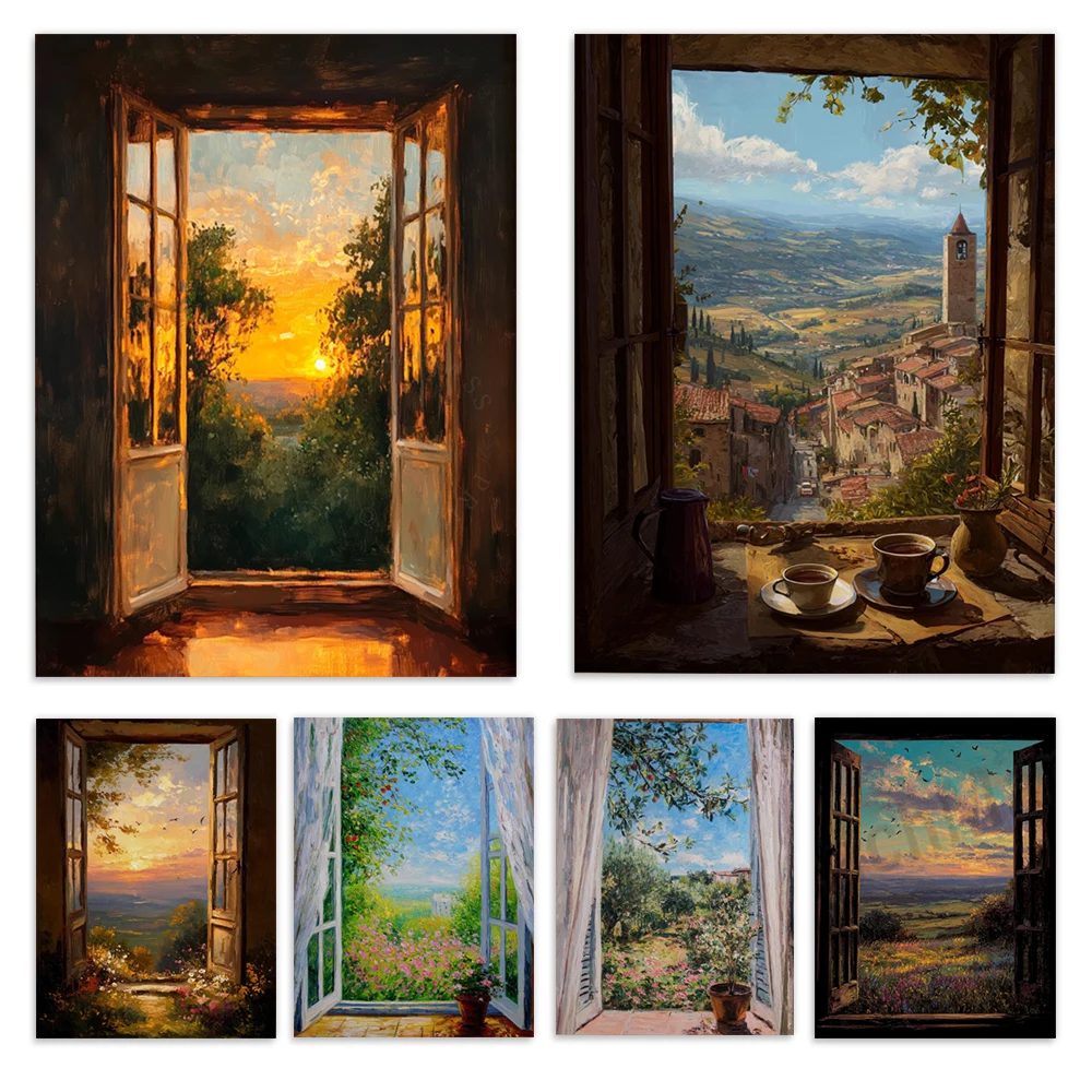 Garden window view, rustic shutters, Tuscan countryside scenery, flowers, village rooftops, Italian landscape posters.