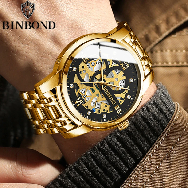 BINBOND B6656 New Automatic Non-Mechanical Quartz Watches 30M Waterproof Luminous Tourbillon Trendy Hollow Design Men Watches