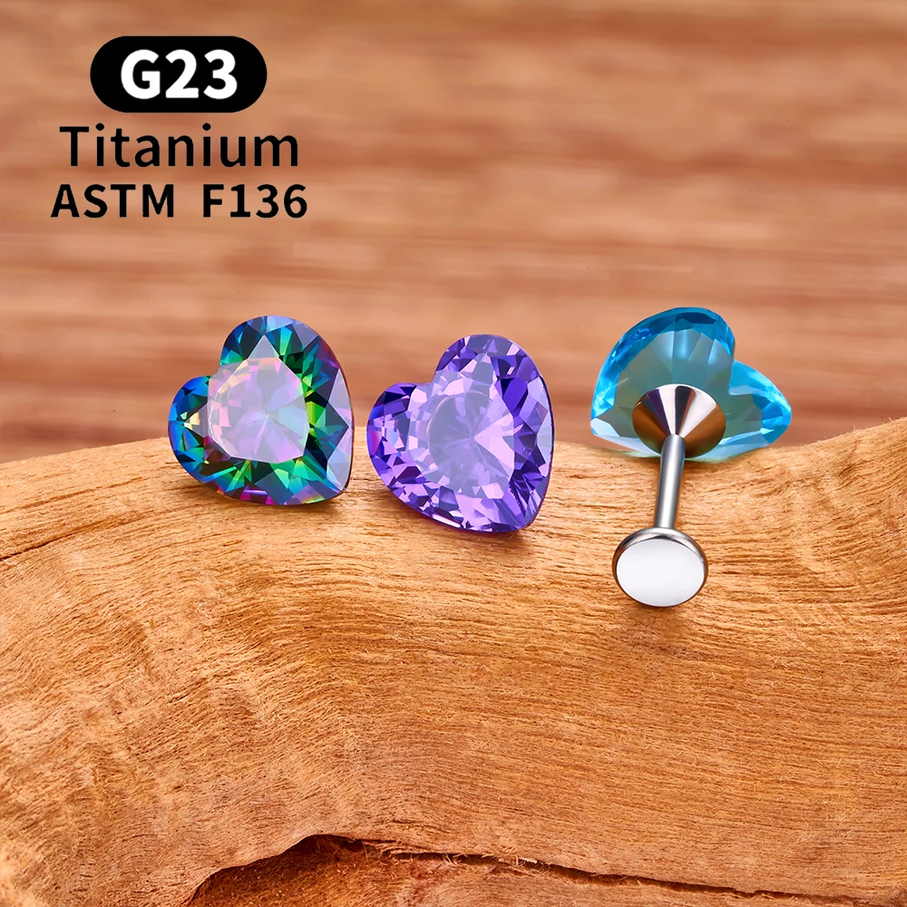 G23 Titanium Heart-shaped Stud Earrings for Women Girl 16G CZ Pin Type Labret Lip Ring Nose Ear Cartilage Tragus Body Jewelry