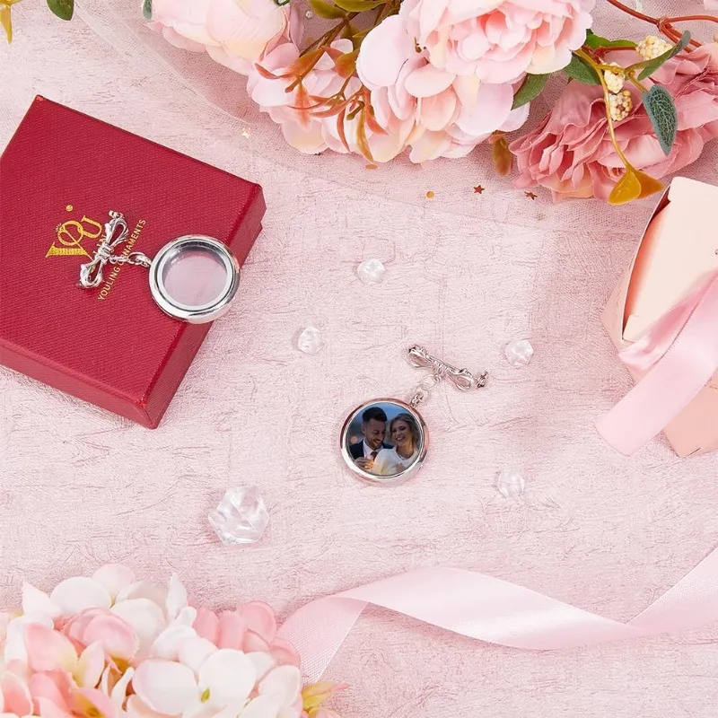2Pcs Bowknot Bouquet Photo Locket Charms Alloy Bridal Brooches Bow Tie Wedding Memorial Brooches Pins Alloy Glass Photo