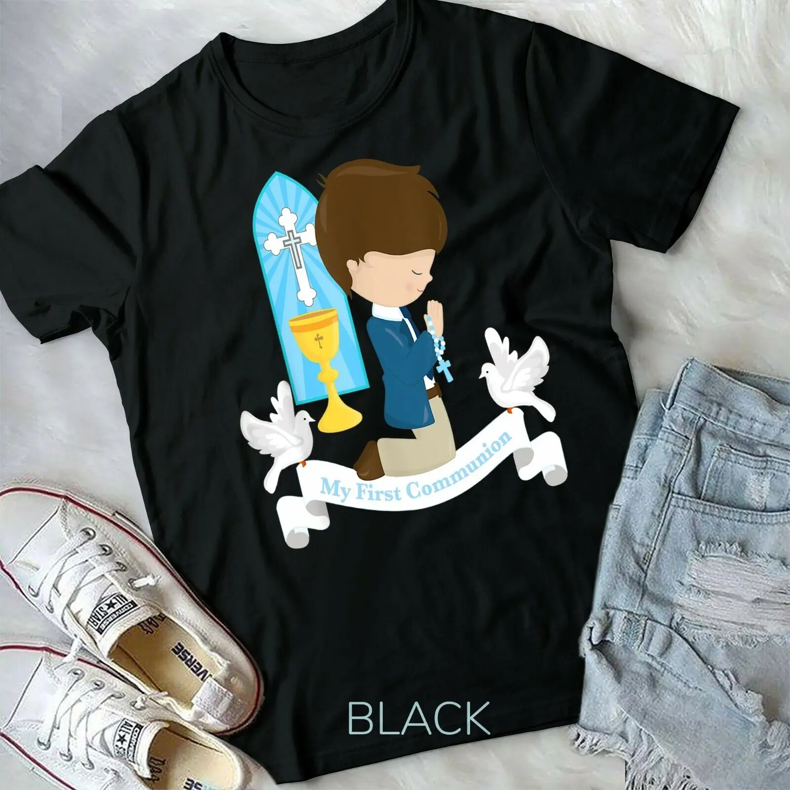 

First Communion Shirt Gift Kids Brown Hair Boy Rosary Son Unisex & Youth T-shirt