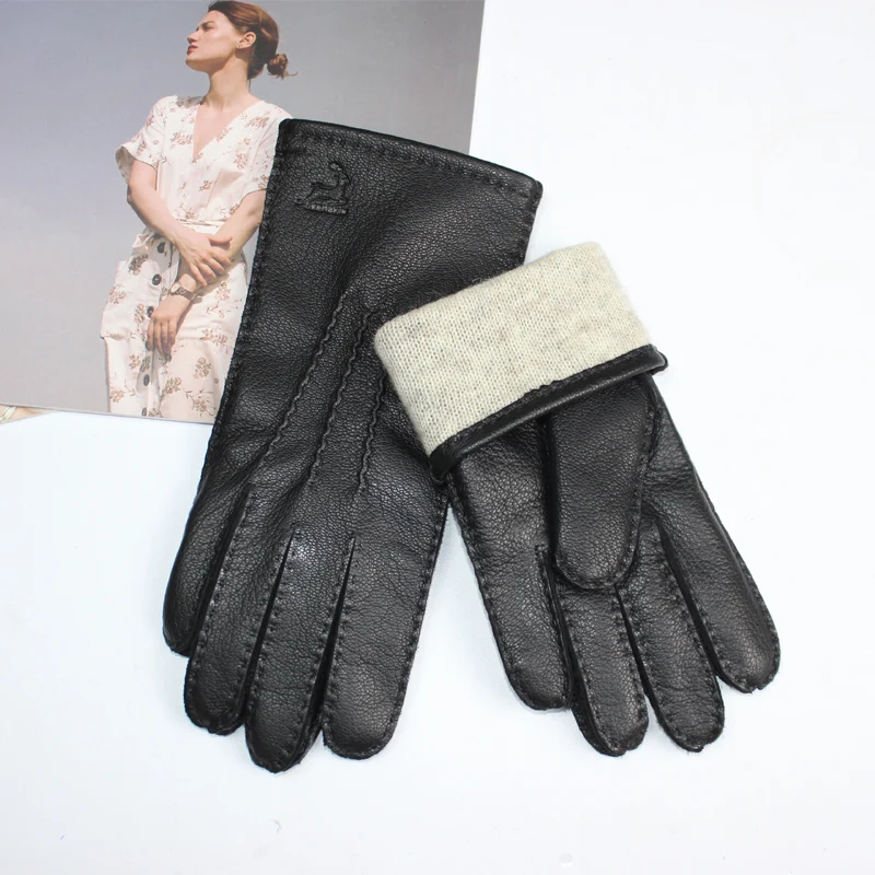 Women\'s deerskin gloves touch screen hand sewing process wool knitted lining breathable warm corrugated driving leather gloves