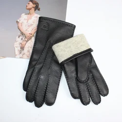Luvas de pele de veado feminino tela sensível ao toque processo de costura mão lã forro de malha respirável quente corrugado condução luvas de couro