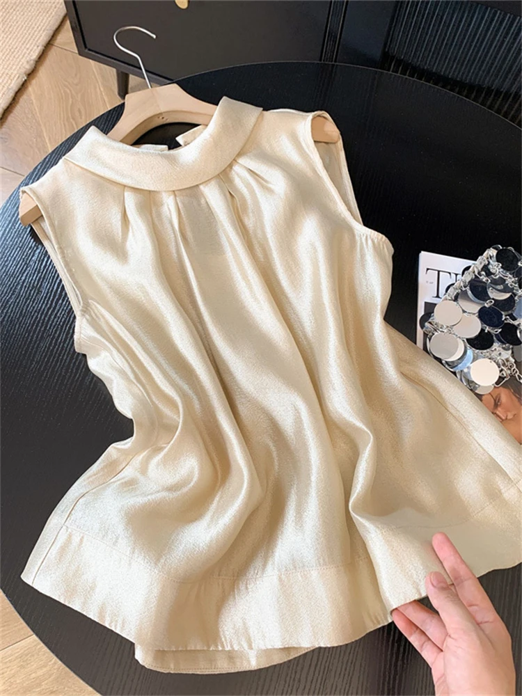 

Korean Design Heavy Embellied Pleated Hanging Ne Vest irt Women Summer Ele Gentle Svel Top Trendy