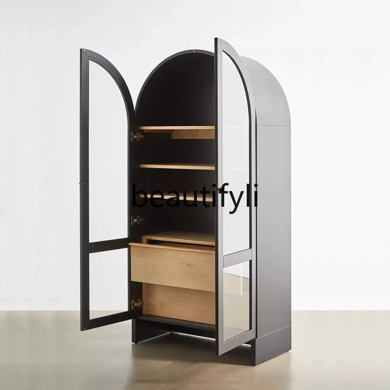 

07 American-style Light Luxury Solid Wood Bookshelf Floor-standing with Glass Door Storage Cabinet Vintage Display Cabinet