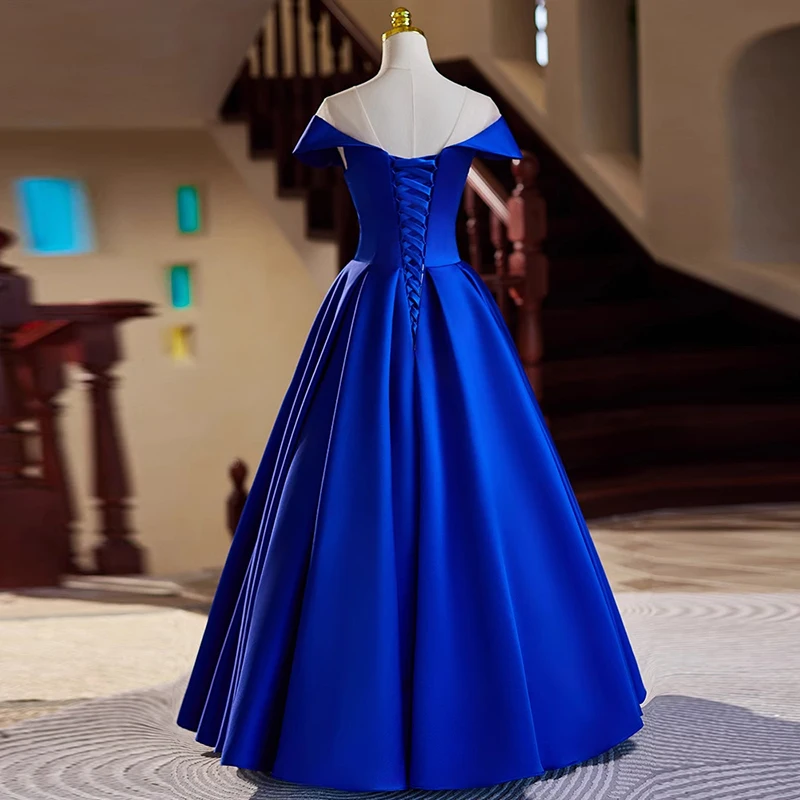 AnXin SH vintage princess royal blue satin o neck white lace illusion stage ball gown lace up party customized evening dress