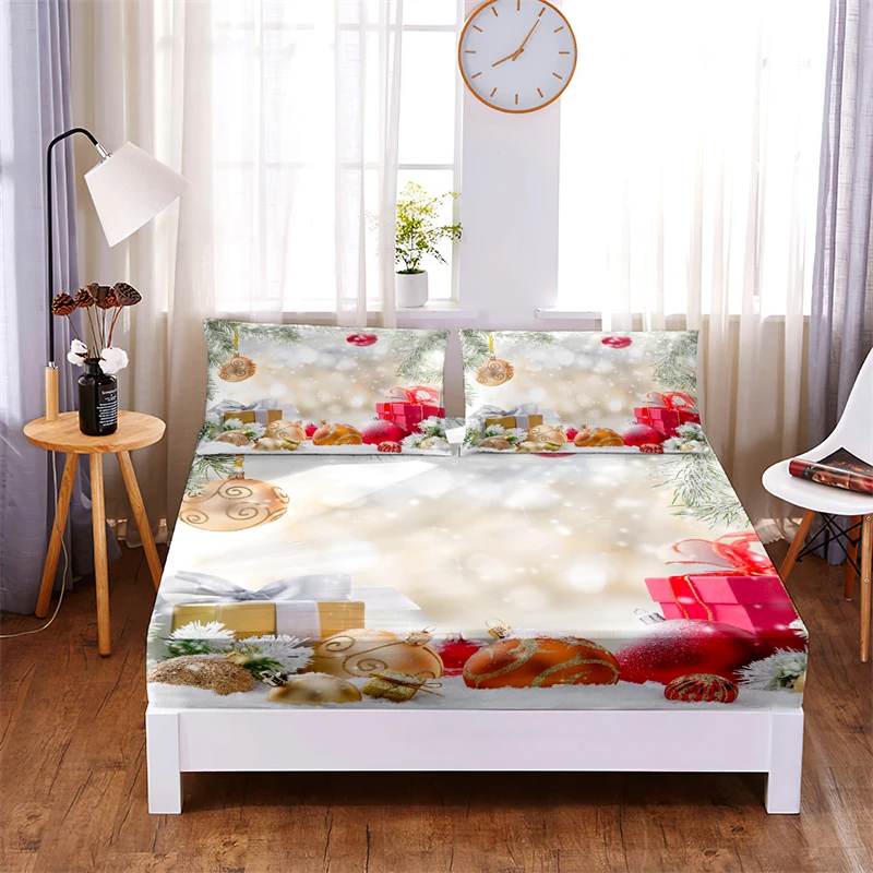 

Christmas Gifts Printed 3pc Polyester Fitted Sheet Mattress Cover Four Corners with Elastic Band Bed Sheet Pillowcases