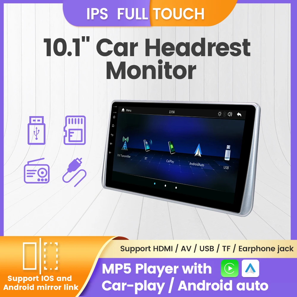 

10.1inch IPS Car Headrest Monitor MP5 Player with Carplay Android Auto Mirror link Support IN USB TF FM Radio Earphone jack BT