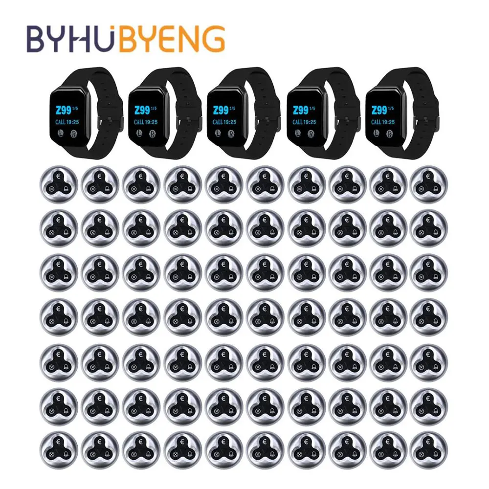 

BYHUBYENG Wireless Queue Management Calling Restaurant Paging System 5 Waiter Watch Customer Restaurante Pager 70 call buttons