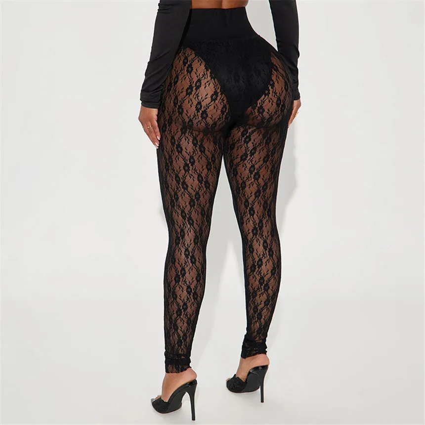 Fashion Spring New Lace Patchwork Bodycon Pants Women Solid Color Hollow-out See Through Pants Female Streetwear Bottoms 2026