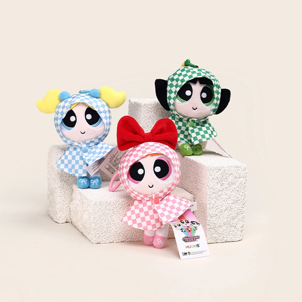 

Genuine 15cm Powerpuff Girls Plush Keychain Cape Doll Bubbles Blossom Buttercup Grid Stripe Bag Hanging Decoration Toys Gifts