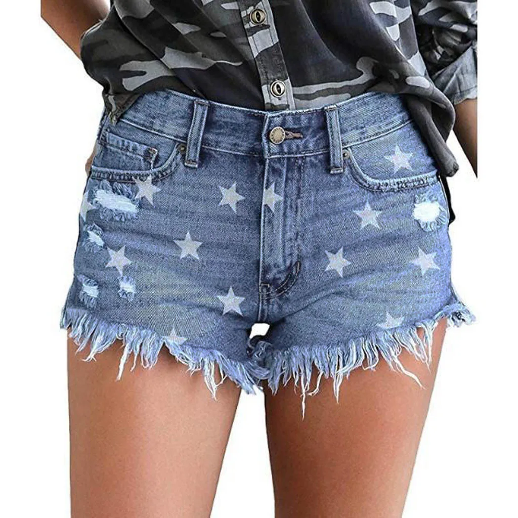 Women Sexy Star Print High Waist Jeans Button Pocket Slim Tassel Shorts Pants Joggers Women Harem Pants Parachute Pants Wide Leg