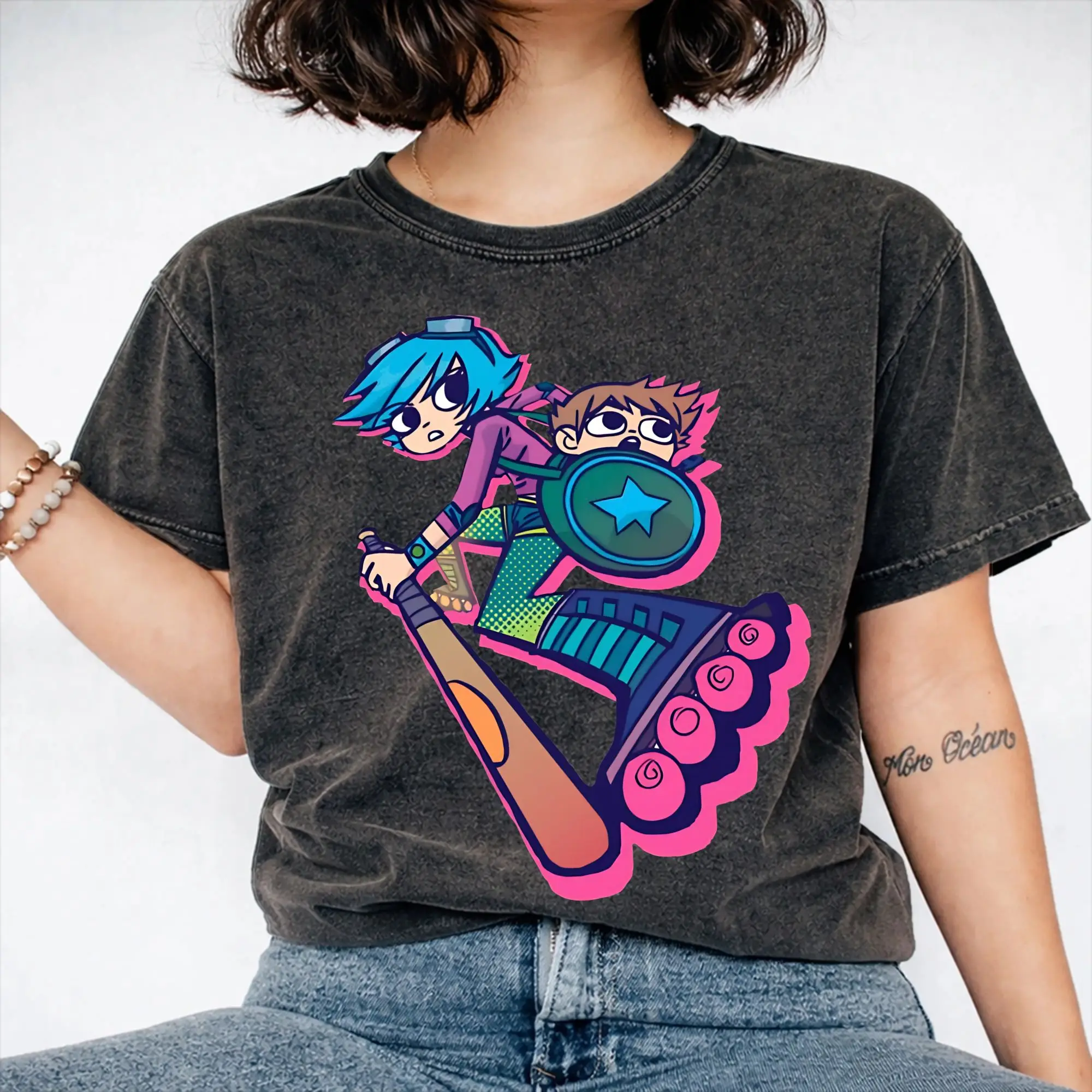 Harajuku Washed Shirt Ramona Flowers Scotts Pilgrims vs The World Outfit Novelty T-Shirts High Street  Streetwear Short Sleeve