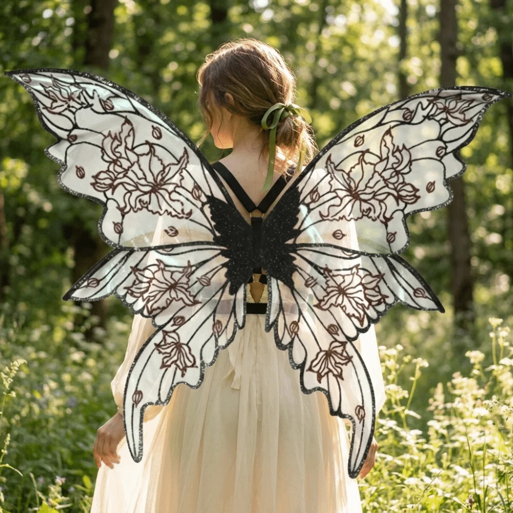 Golden-Stamped Glitter Butterfly Wings Gradient Floral Print Iridescent Sheer Mesh Fairy Elf Wings Adjustable Lightweight