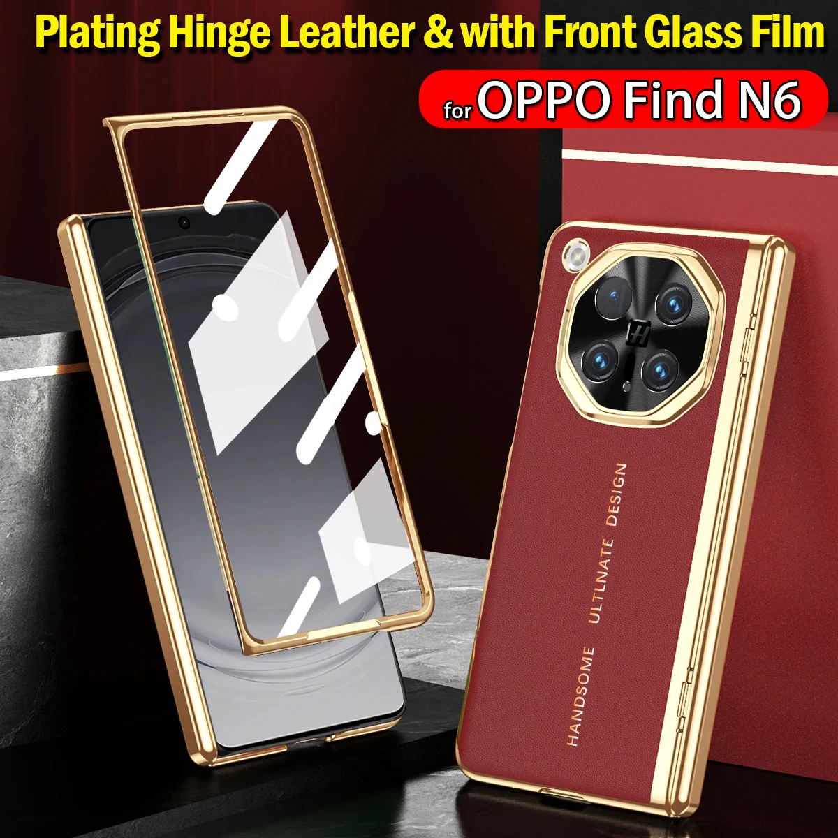

For OPPO Find N6 Case Luxury Leather Plating Frame Hinge Tempered Glass Protective film Capa All-inclusive Cover