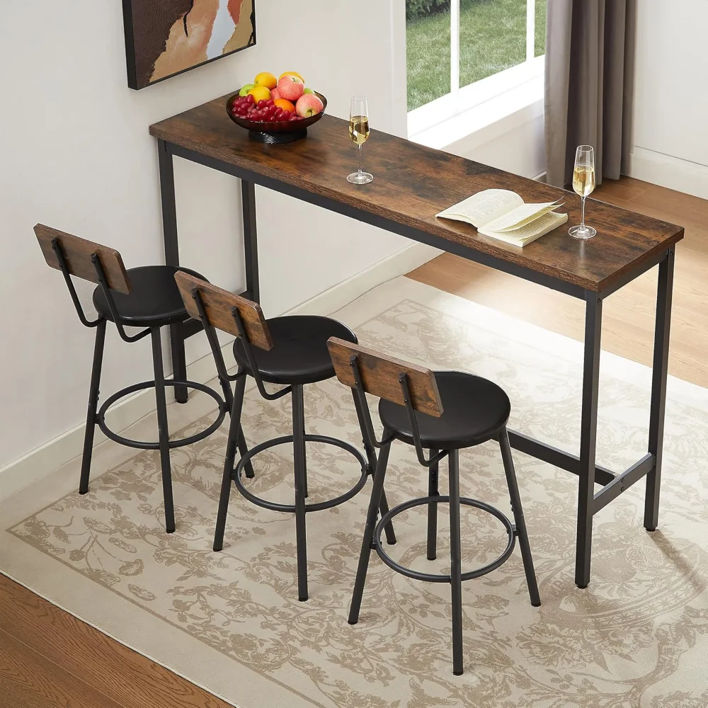 

4 Piece Long Bar Table and Chairs Set, Industrial Counter Height Dining Table Set with Sofa Bar Table and 3 Upholstered