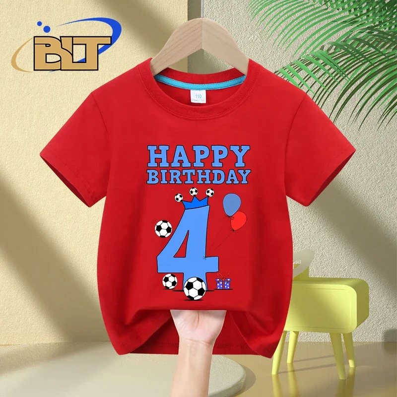 Camiseta de cumpleaños para niños de 4 años, tops casuales de manga corta de algodón para fanáticos del fútbol, Verano