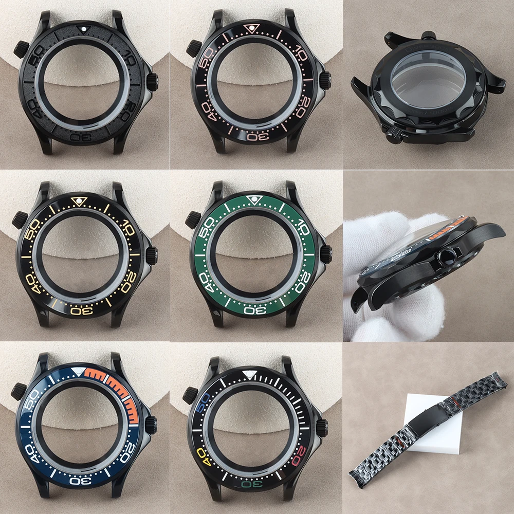 Boîtier de montre en acier inoxydable PVD noir 41MM, étanche, adapté au mouvement Seiko NH35 NH36, cadran 31mm, Seamaster 300, boîtier de montre pour hommes
