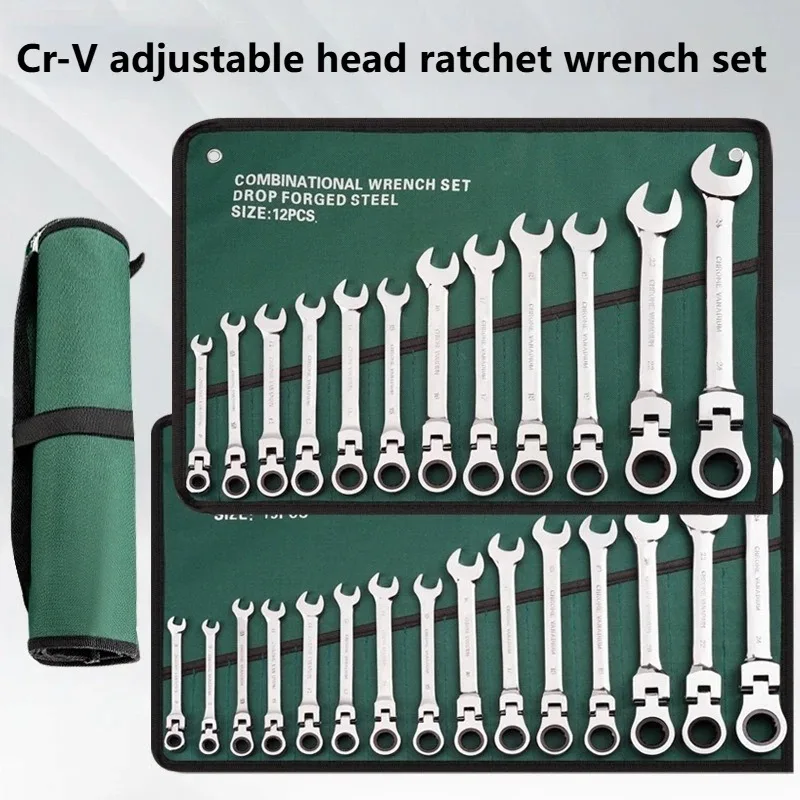 Ratchet Combination Wrench Set 6-32mm Gear Ring Ratcheting Combination Wrench Kit Metric Flexible Head with Canvas Bag Tools Set view 2