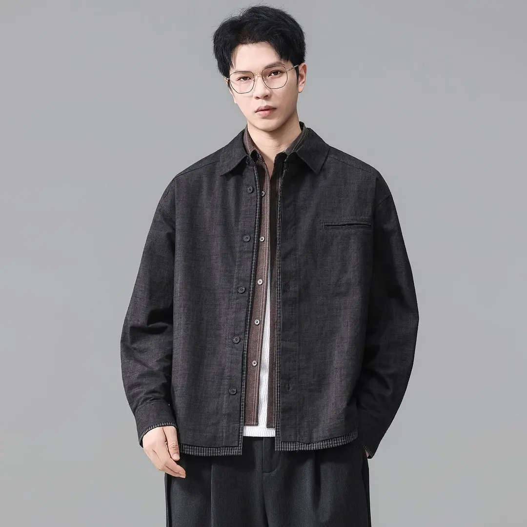 Black 100% Cotton Denim Shirt Coat Men Splice Fashion Streetwear Loose Casual Long Sleeve Denim Cargo Shirts Jeans Jacket