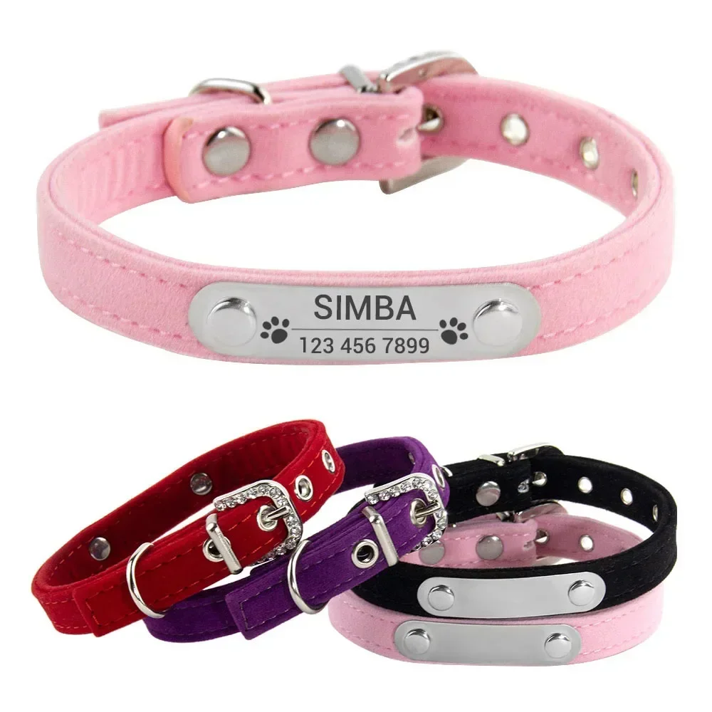 Collar de terciopelo suave para gato, accesorio personalizado con nombre de identificación, grabado gratis