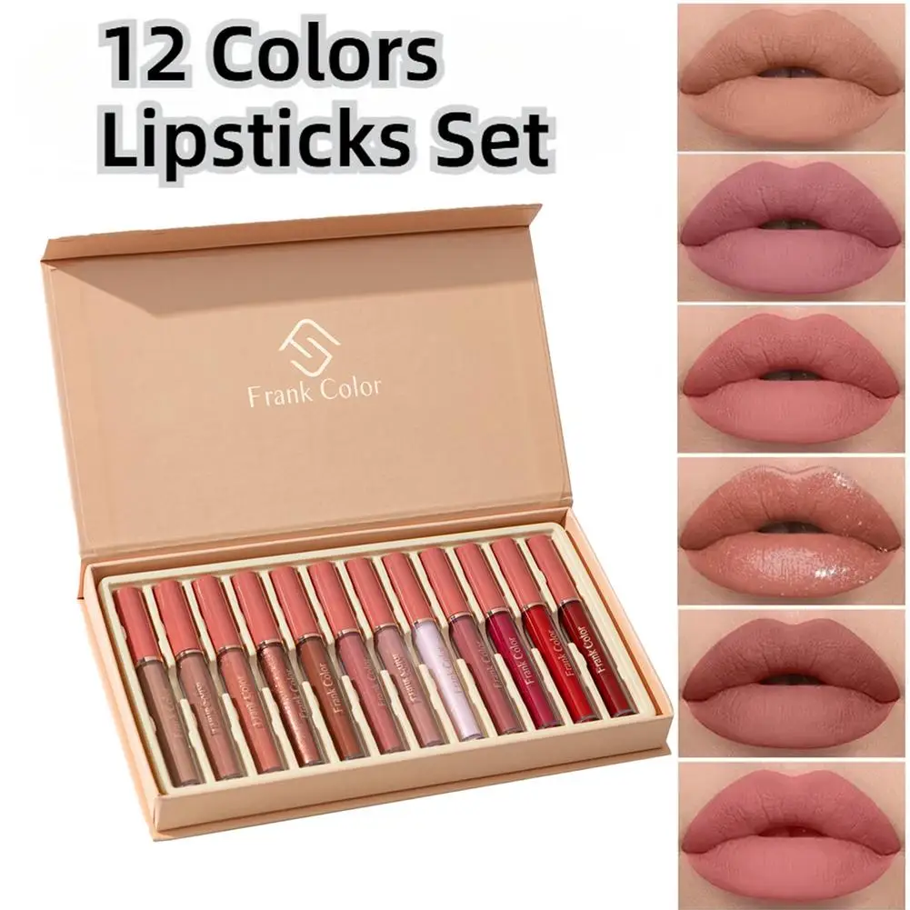 Juego de lápiz labial líquido mate de 12 colores, juego de brillo de labios líquido suave y brillante, maquillaje de manchas de labios de larga duración resistente al agua desnudo de terciopelo