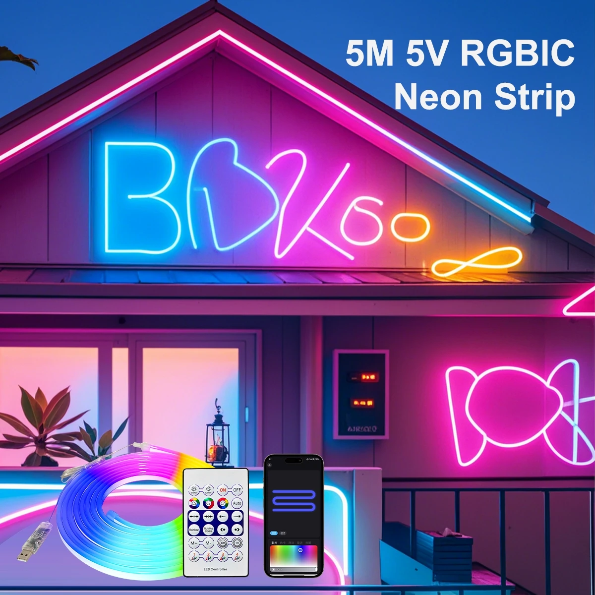 Smart WIFI Neon LED Strip Light USB 5V RGBIC Dreamcolor Chasing Neon LED Tape Light Room Decor Work with Alexa Google Assistant