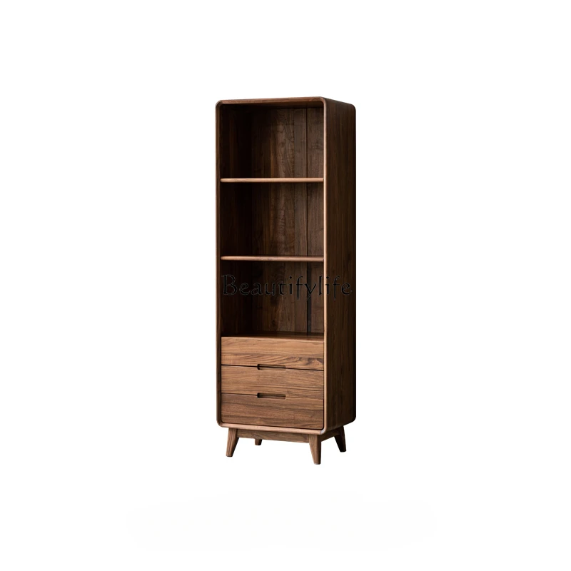 

Nordic Black Walnut Solid Wood Bookcase Simple Floor Shelf Multi-Functional Bookshelf with Drawer