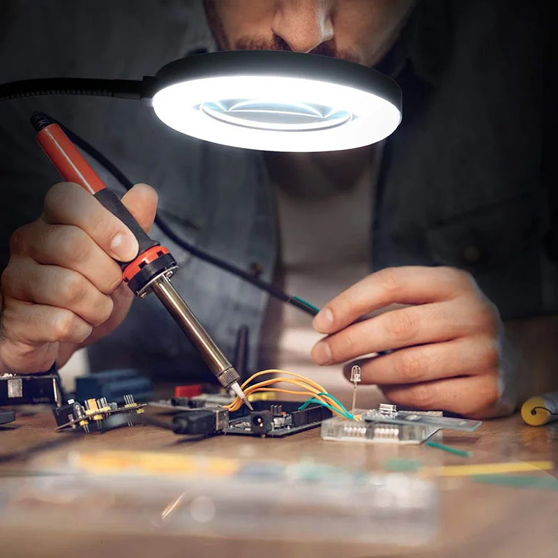 Flexible Desk Lamp LED Illuminated 5X Magnifying 3 Colors LED Magnifying Glass for Soldering Iron Repair/Craft /Hobby /Nail