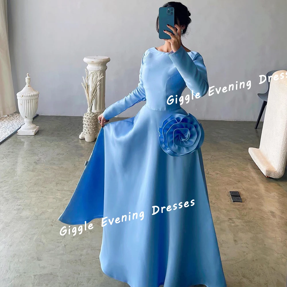 Giggle Satin O-Neck Flower A-Line Elegance Prom Gown Saudi Arab Eid al-Fitr Ankle-Length Evening Party Dresses for Women 2024