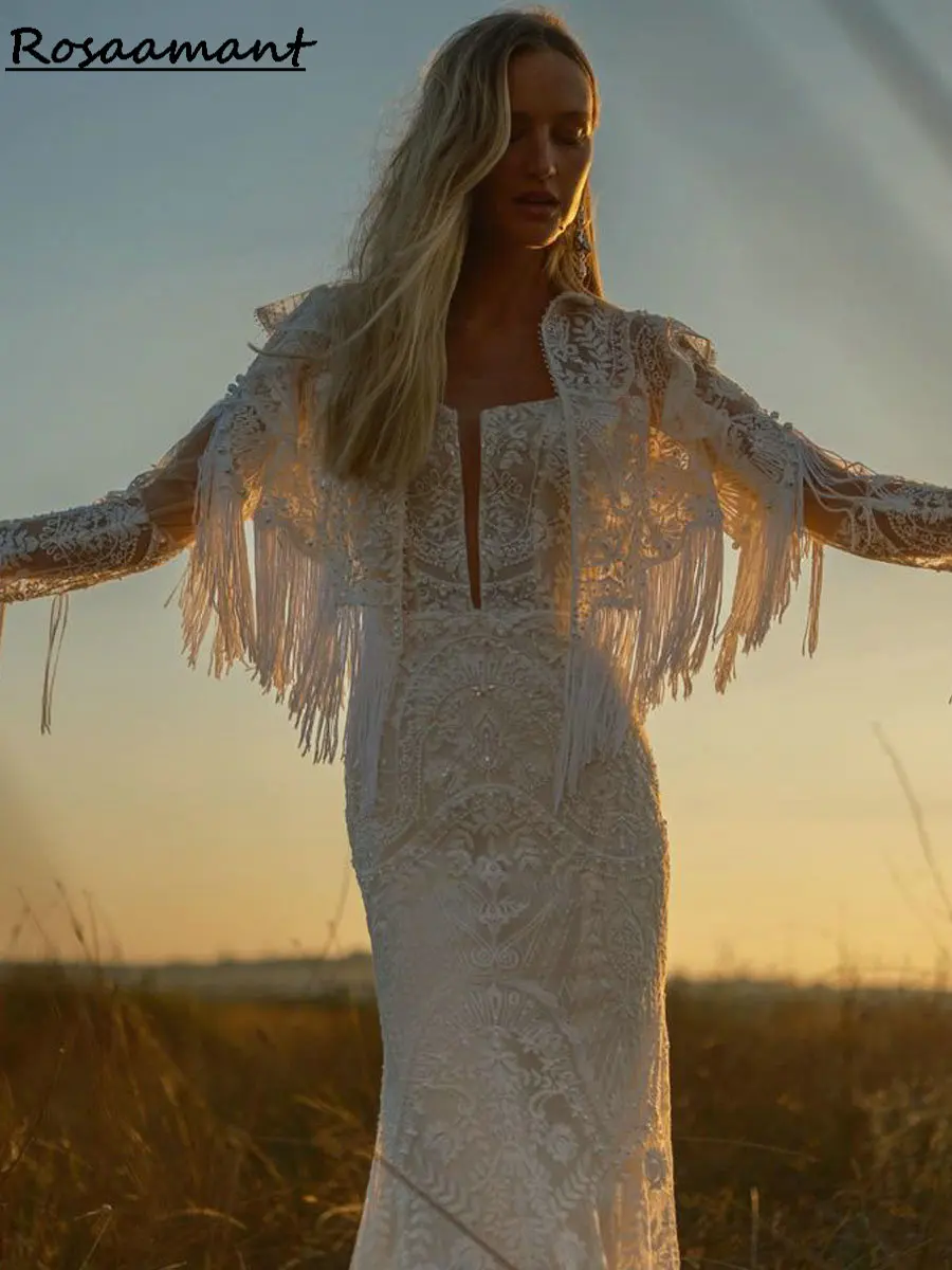 

Gorgeous Beading Pearls Backless Mermaid Wedding Dresses With Jacket Appliques Lace Tassel Boho Country Customized Bridal Gowns