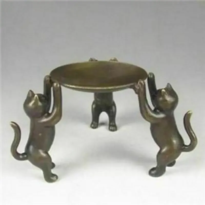 Ancient Asian Chinese Old Bronze Handmade Cats Plate Statue Oil Lamp Candlesti