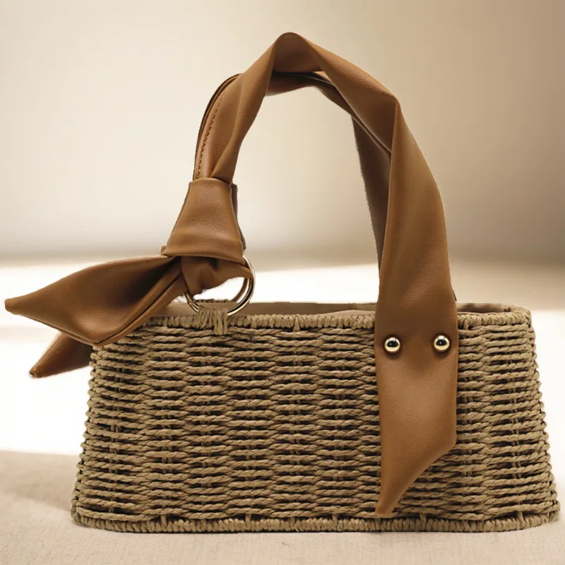 Summer New Women Small Square Straw Bag Fashion Paper Rope Woven Beach Bag Bohemia Bali Drawstring Beach Bag  Handbag Bolsos