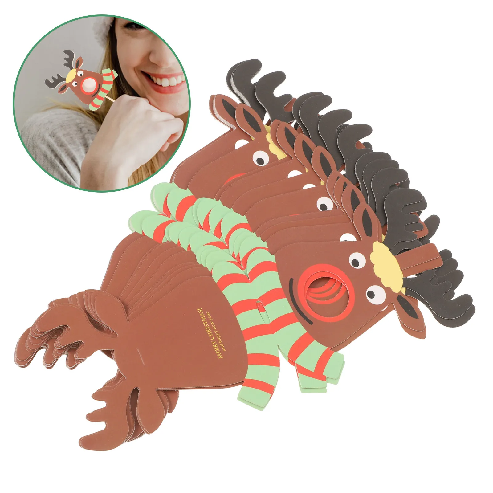 25Pcs Reindeer Lollipop Paper Card Green Christmas Decoration Environmentally Friendly DIY Craft for Kids Family Holiday Party