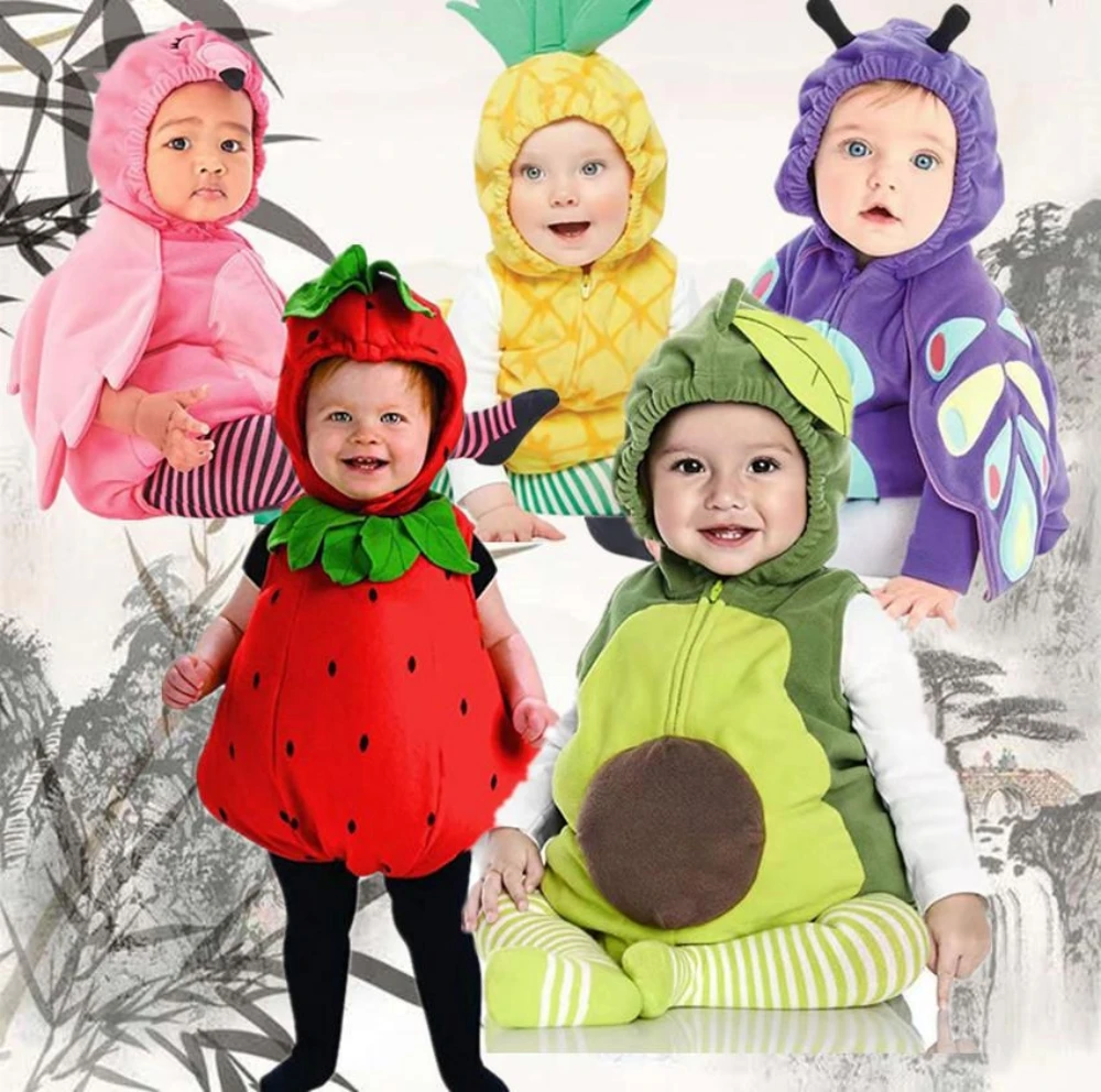 Unisex Baby Animal Costume Winter Autumn Hooded Romper Halloween Cosplay Jumpsuit Outfits Strawberry Pig Fruit Bird Outfits