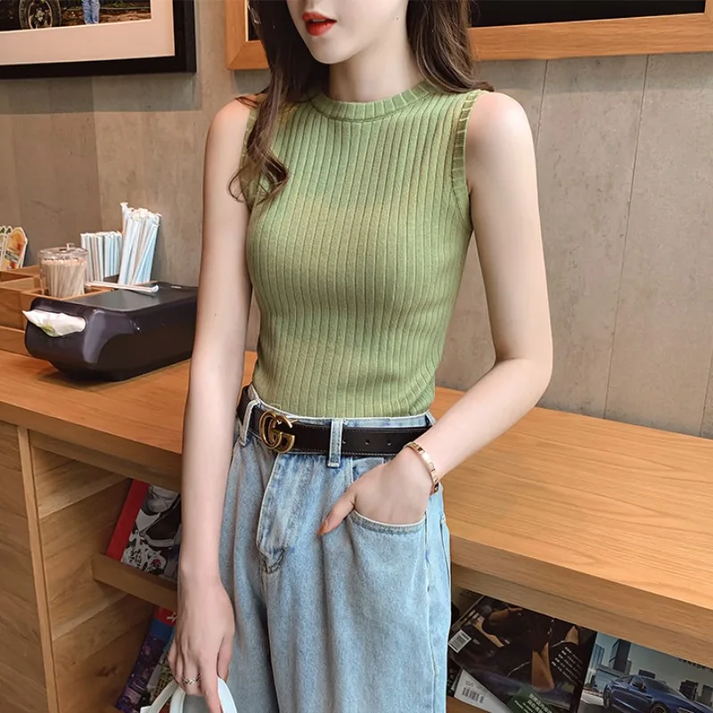 

Summer Ice Silk orts Sve Knitted Vest Women's Tight Fit ort Sle No Sve Top Sweet Sle Regular Thin Pure Color
