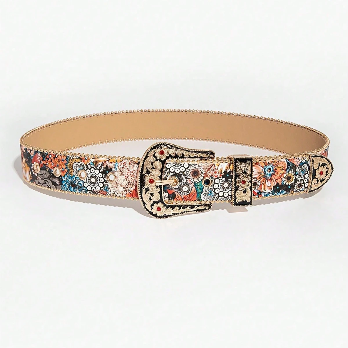 1pc Women's Palace-style Light Luxury Gem Metal Buckle Multi-color Flower Print Belt, A Versatile Decorative Belt for Jeans