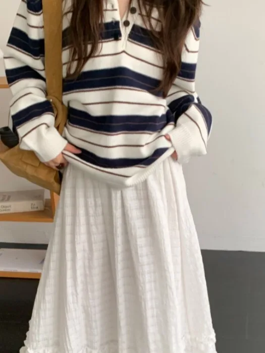 Sweater Rajut Wanita Model Longgar Motif Garis Tebal untuk Musim Gugur dan Musim Dingin, Desain Overhead, Gaya Kasual, Pakaian Rajut Modis