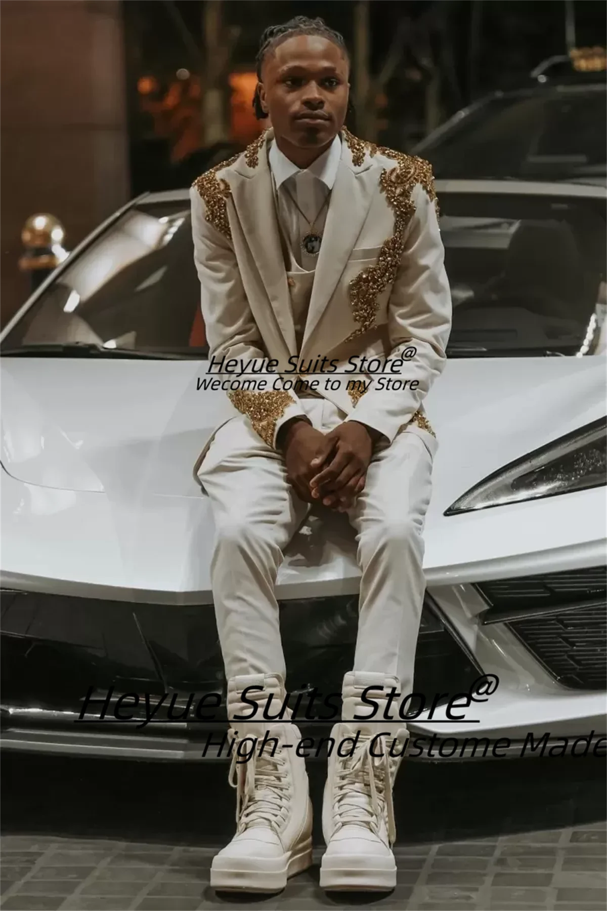 

Роскошные свадебные смокинги с бисерной отделкой для жениха, индивидуальный пошив, приталенный крой, стильные белые костюмы с острыми лацканами, 3 предмета, мужские костюмы для выпускного вечера, Ropa Hombre