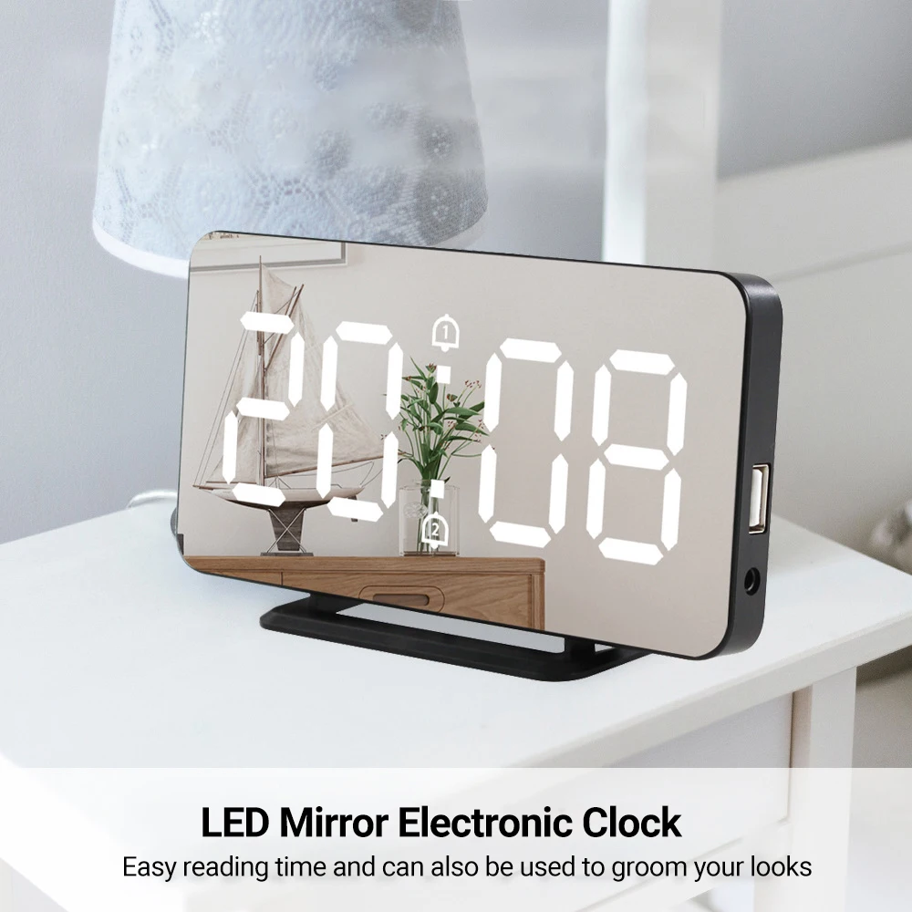 Digital Alarm Clocks LED Mirror Electronic Clock with Temperature Display Dual Alarm Snooze 12/24H Switch