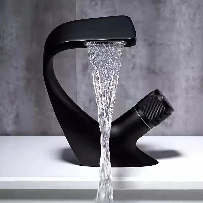 

All Copper Black Washbasin Waterfall Faucet Hot And Cold Toilet Basin Faucet Undercounter Basin Single Hole Faucet