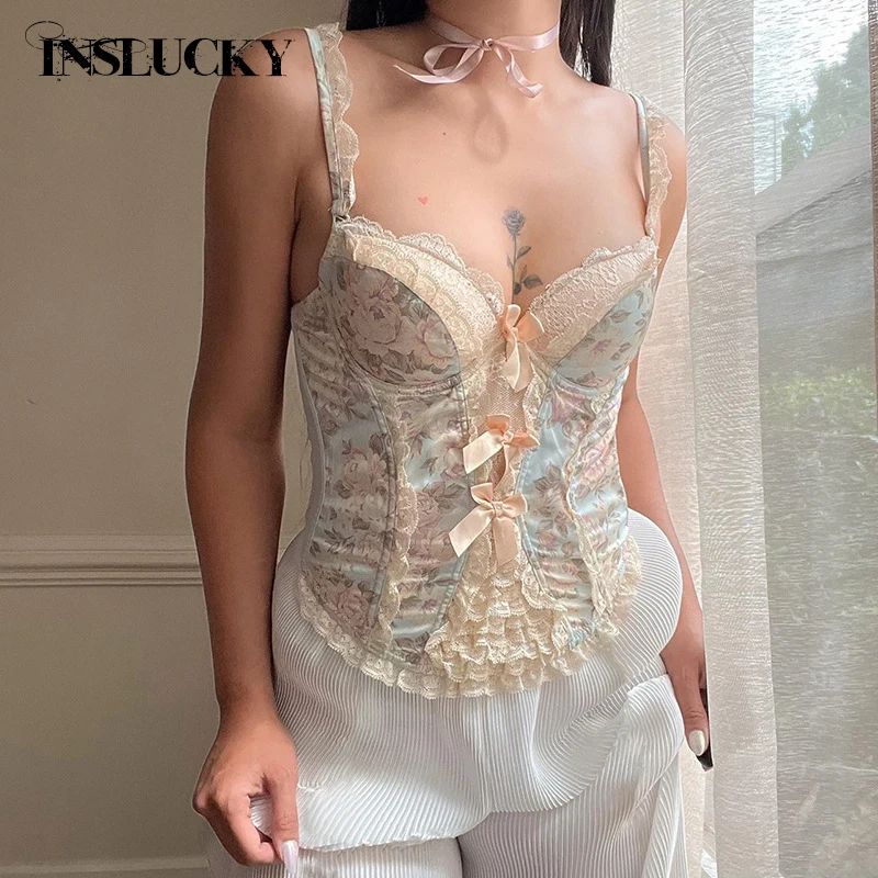 

InsLucky Sexy Sweet Lace Patchwork Floral Print Bow Corsets Women Crop Top Slim Skinny Camis Sleeveless Tank Fashion Streetwear