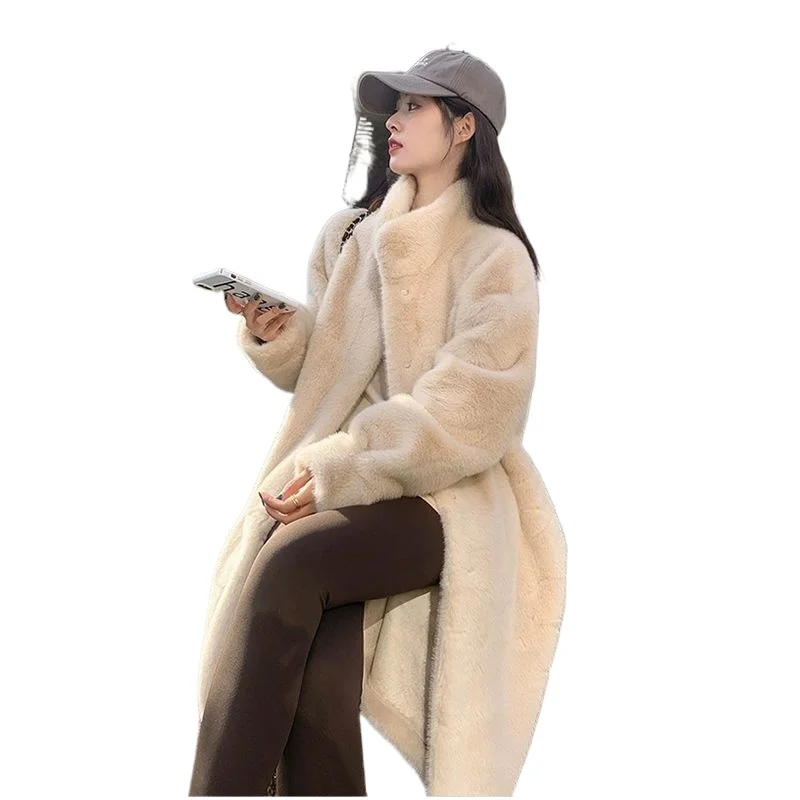 Damski płaszcz jesienno-zimowy, gruby, długi, ze stójką, z futra norek, zintegrowane futro z norek, ekologiczna kurtka futrzana.